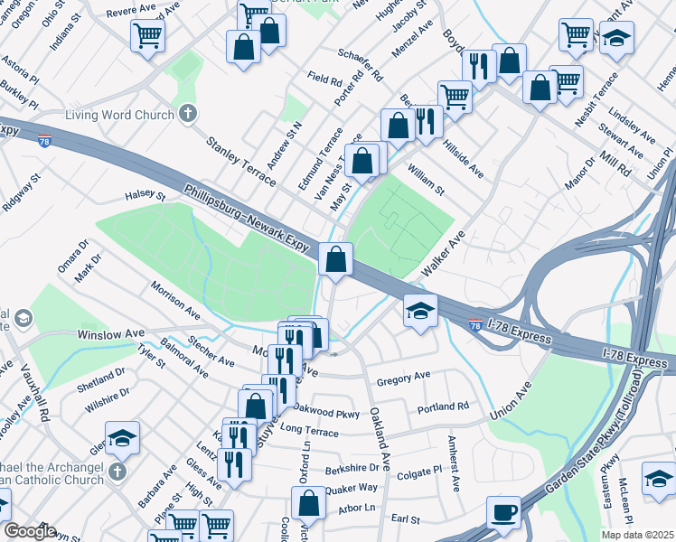 map of restaurants, bars, coffee shops, grocery stores, and more near 1531 Stuyvesant Avenue in Union Township