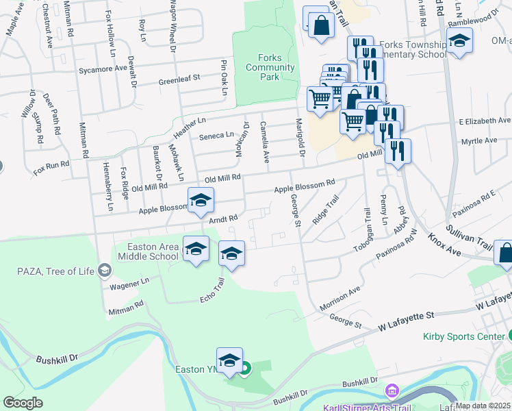 map of restaurants, bars, coffee shops, grocery stores, and more near 9 Brandywine Court in Easton