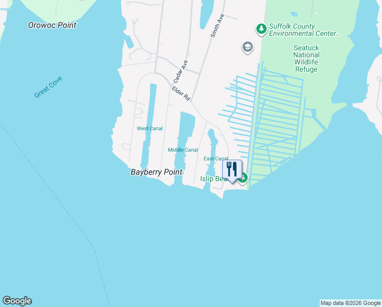 map of restaurants, bars, coffee shops, grocery stores, and more near 14 Beech Rd in Islip