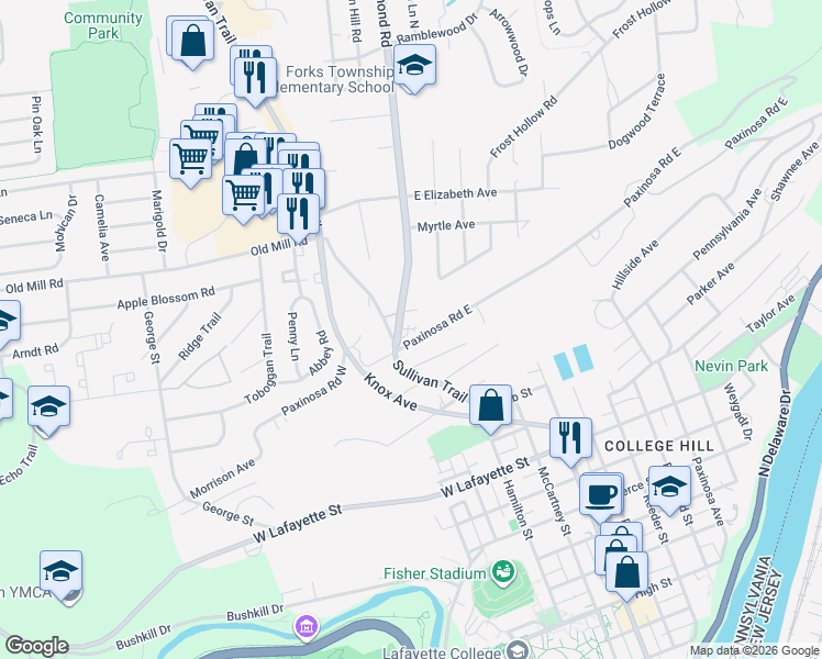 map of restaurants, bars, coffee shops, grocery stores, and more near 1309 Richmond Road in Easton