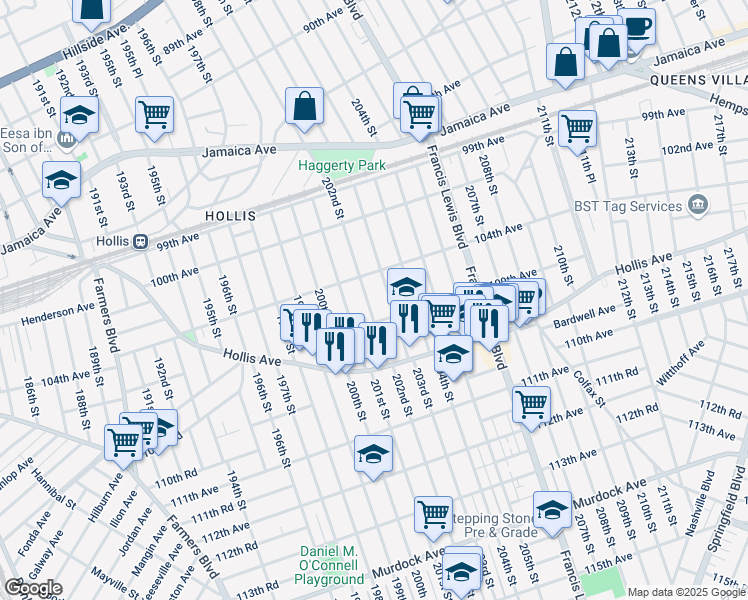 map of restaurants, bars, coffee shops, grocery stores, and more near 104-25 202nd Street in Queens