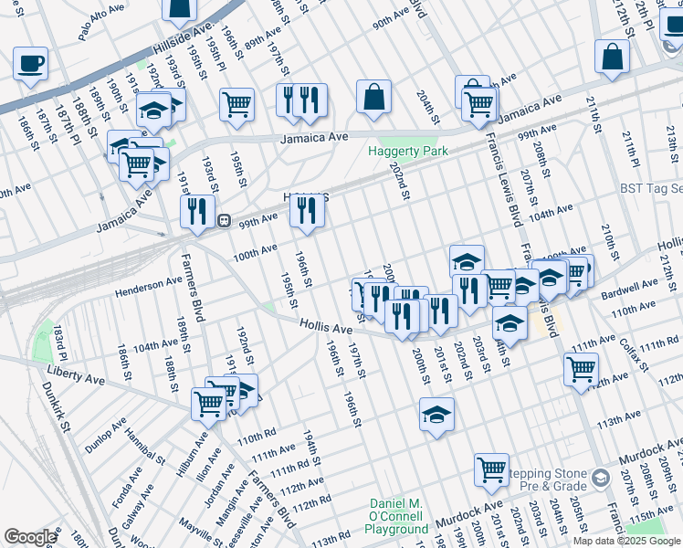 map of restaurants, bars, coffee shops, grocery stores, and more near 100-60 198th Street in Queens