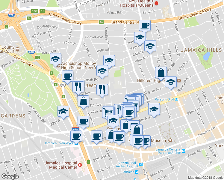 map of restaurants, bars, coffee shops, grocery stores, and more near 85-71 144th Street in Queens