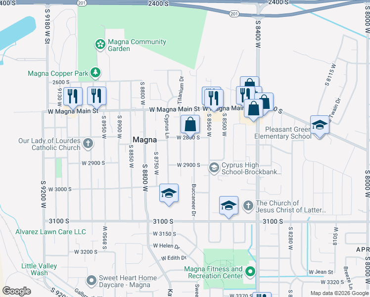 map of restaurants, bars, coffee shops, grocery stores, and more near 2845 S 8650 W in Magna