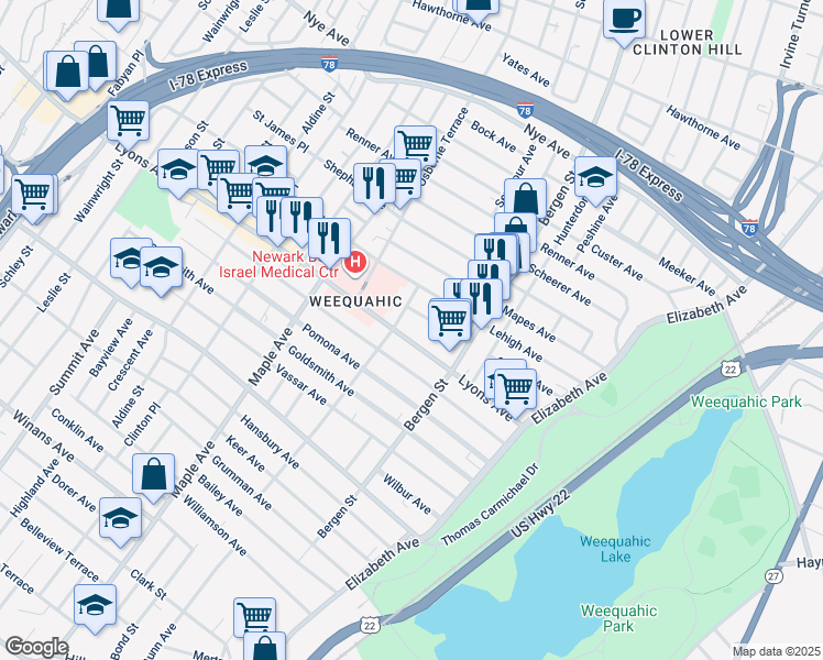 map of restaurants, bars, coffee shops, grocery stores, and more near 121 Lyons Avenue in Newark