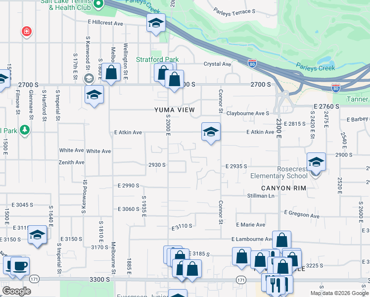 map of restaurants, bars, coffee shops, grocery stores, and more near 2047 Sierra View Circle in Salt Lake City