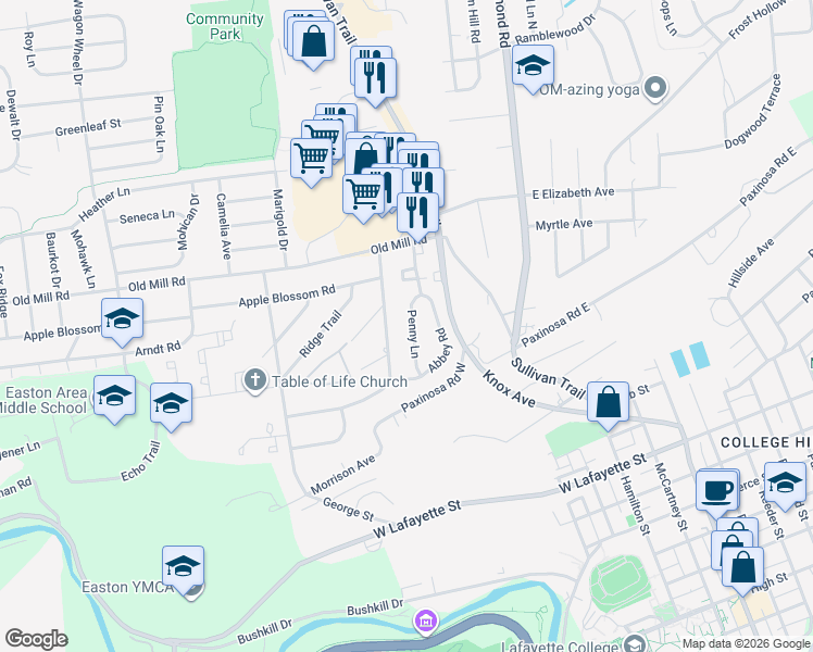 map of restaurants, bars, coffee shops, grocery stores, and more near 59 Penny Lane in Easton