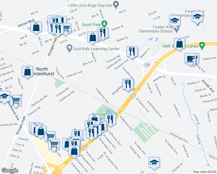 map of restaurants, bars, coffee shops, grocery stores, and more near 1020 North Ontario Avenue in Lindenhurst
