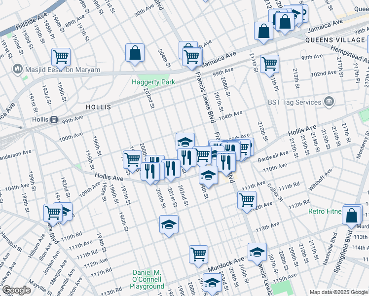 map of restaurants, bars, coffee shops, grocery stores, and more near 104-36 204th Street in Queens