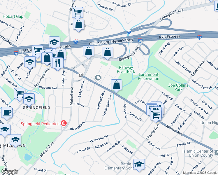 map of restaurants, bars, coffee shops, grocery stores, and more near 10 Marion Avenue in Springfield