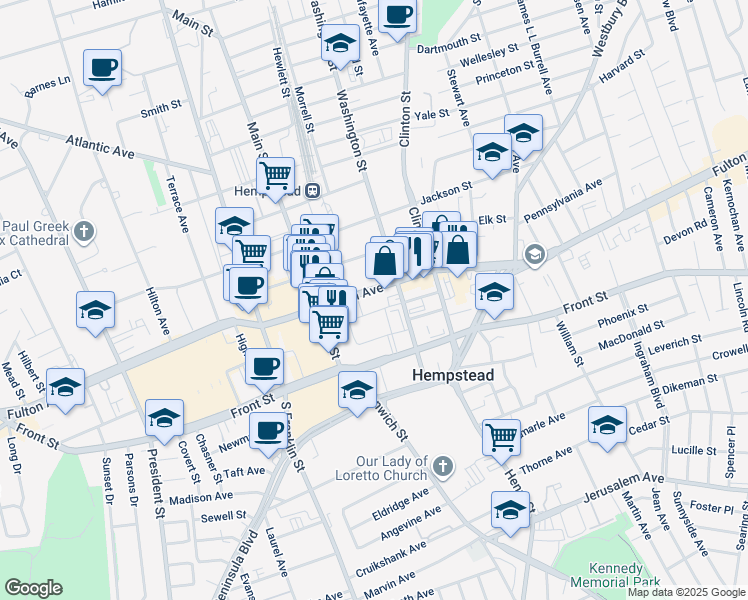 map of restaurants, bars, coffee shops, grocery stores, and more near 75 Washington Street in Hempstead