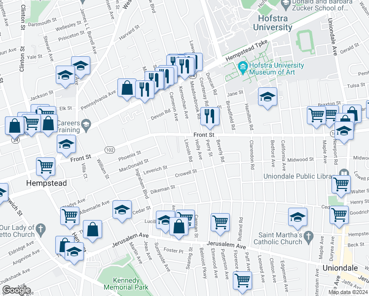 map of restaurants, bars, coffee shops, grocery stores, and more near 31 Lincoln Road in Hempstead