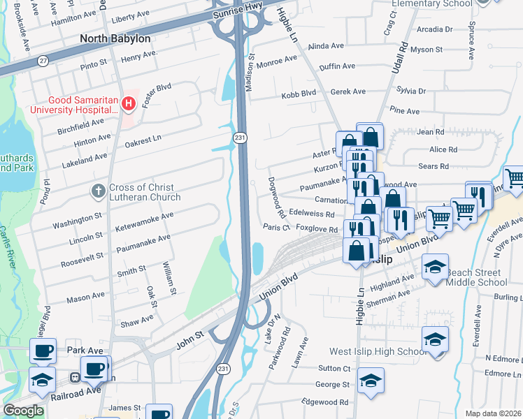 map of restaurants, bars, coffee shops, grocery stores, and more near 119 Paris Court in West Islip