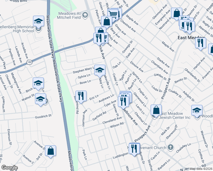 map of restaurants, bars, coffee shops, grocery stores, and more near 530 Lakeville Lane in East Meadow