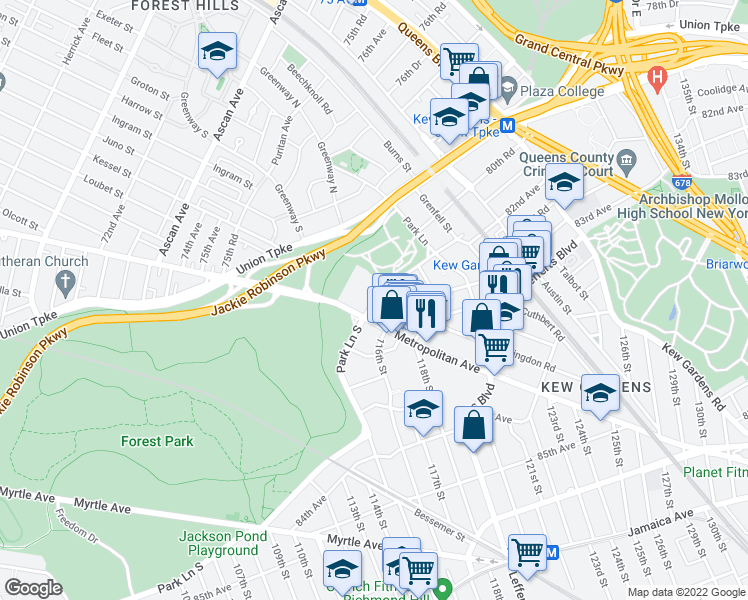 map of restaurants, bars, coffee shops, grocery stores, and more near 136 Audley Street in Queens