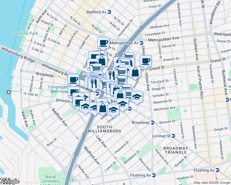 map of restaurants, bars, coffee shops, grocery stores, and more near 335 South 5th Street in Brooklyn