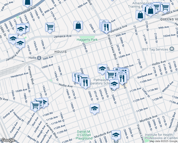 map of restaurants, bars, coffee shops, grocery stores, and more near 104-19 201st Street in Queens