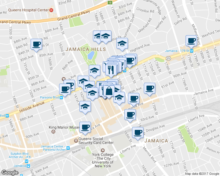 map of restaurants, bars, coffee shops, grocery stores, and more near 88-5 Merrick Boulevard in Queens