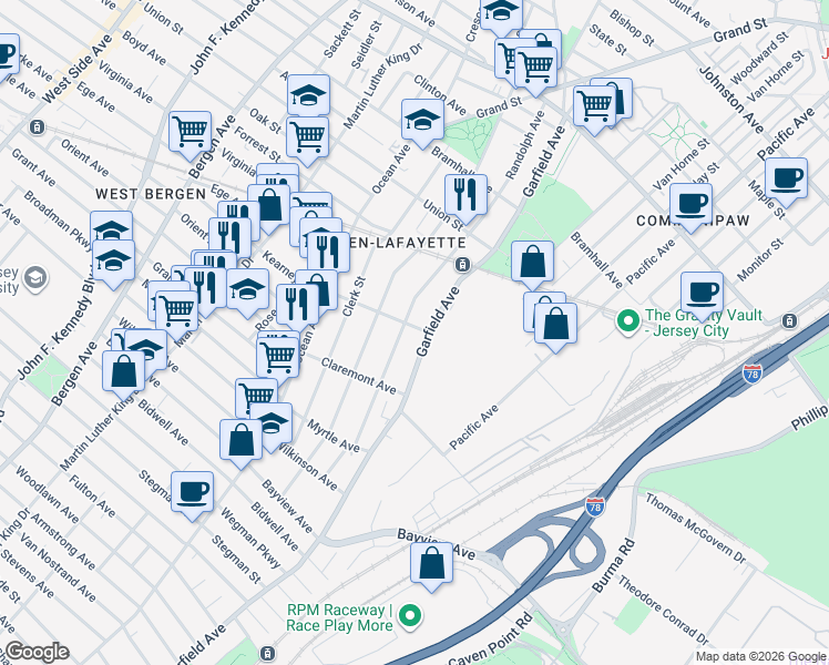 map of restaurants, bars, coffee shops, grocery stores, and more near 121 Carteret Avenue in Jersey City