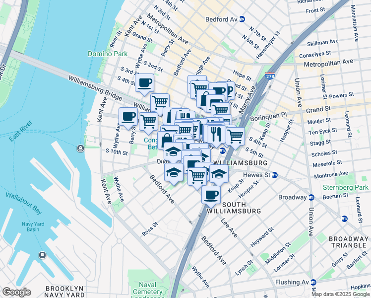 map of restaurants, bars, coffee shops, grocery stores, and more near 311 Roebling Street in Brooklyn