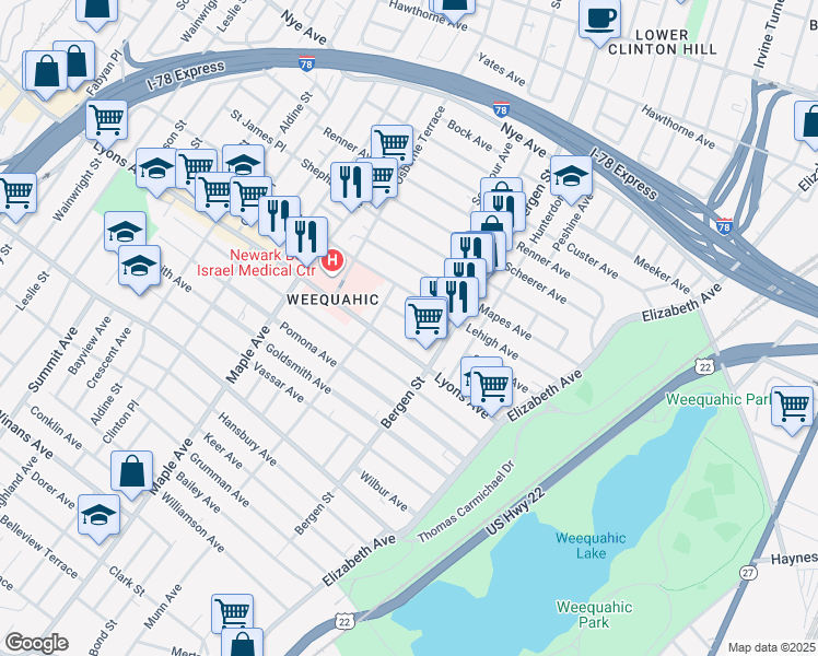 map of restaurants, bars, coffee shops, grocery stores, and more near 32 Harding Terrace in Newark