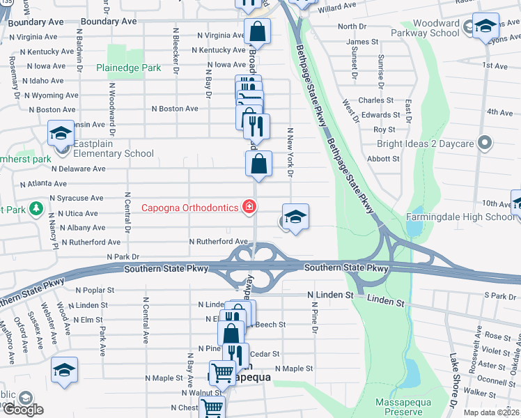 map of restaurants, bars, coffee shops, grocery stores, and more near 1024 North Broadway in Massapequa