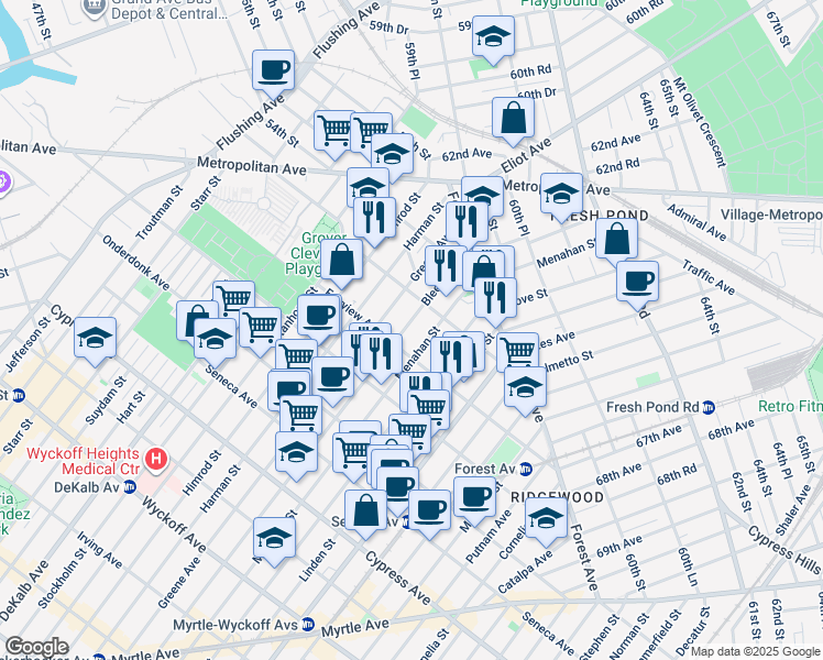map of restaurants, bars, coffee shops, grocery stores, and more near 20-13 Bleecker Street in Queens