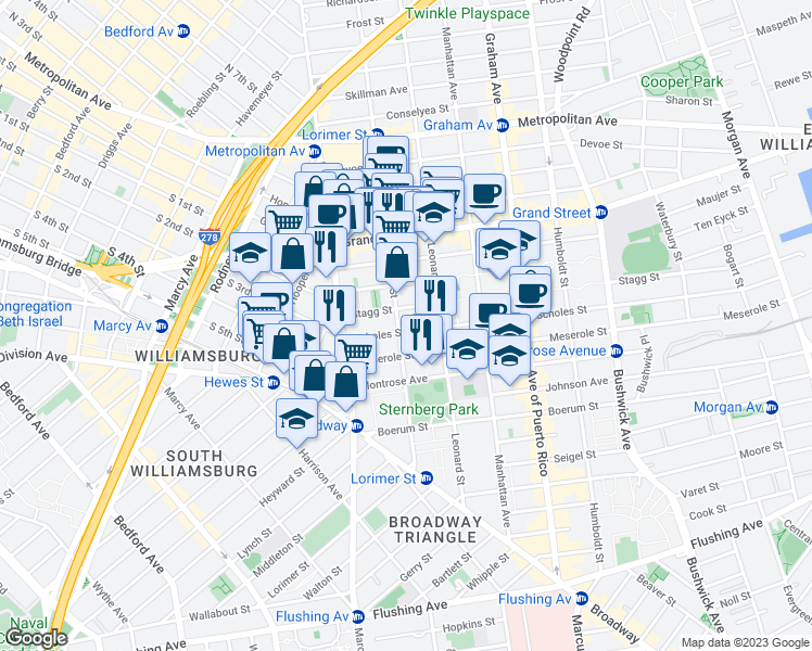 map of restaurants, bars, coffee shops, grocery stores, and more near in Brooklyn
