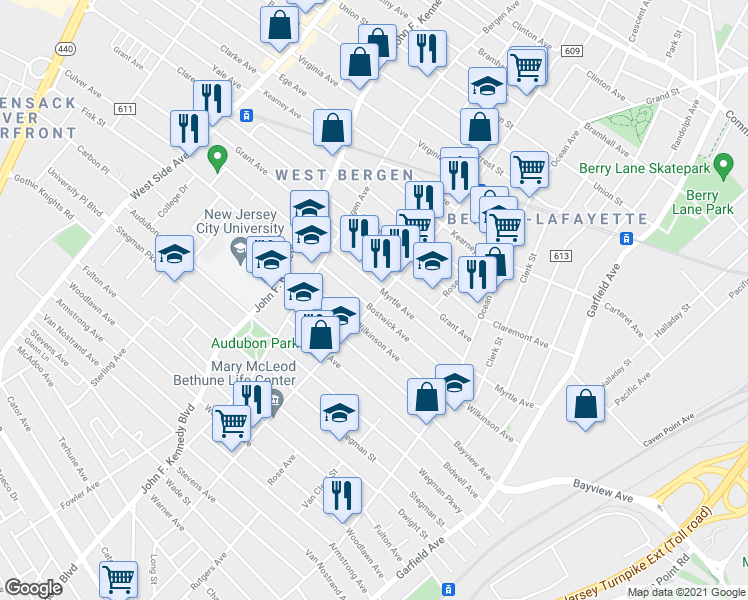 map of restaurants, bars, coffee shops, grocery stores, and more near 275 County Road 609 in Jersey City