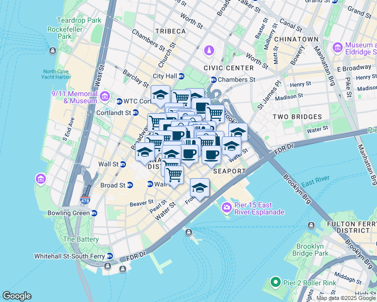 map of restaurants, bars, coffee shops, grocery stores, and more near 25 Cliff Street in New York
