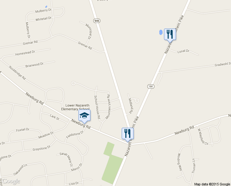 map of restaurants, bars, coffee shops, grocery stores, and more near 501 Daniels Road in Nazareth