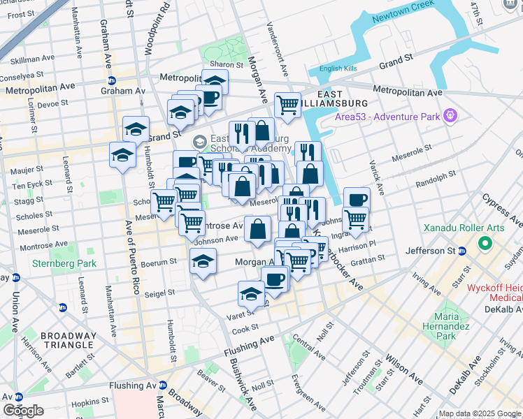 map of restaurants, bars, coffee shops, grocery stores, and more near 316 Meserole Street in Brooklyn