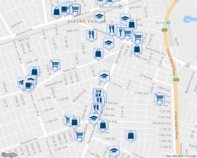 map of restaurants, bars, coffee shops, grocery stores, and more near 217-10 110th Avenue in Queens