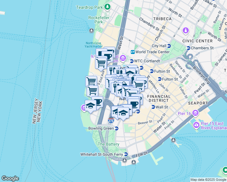 map of restaurants, bars, coffee shops, grocery stores, and more near 100 Washington Street in New York