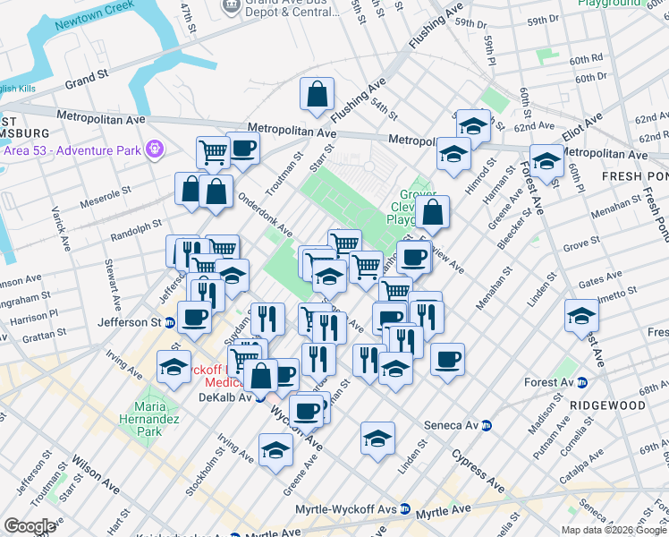 map of restaurants, bars, coffee shops, grocery stores, and more near Dekalb Ave & Onderdonk Ave in Queens