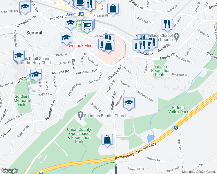 map of restaurants, bars, coffee shops, grocery stores, and more near 21 Hughes Place in Summit
