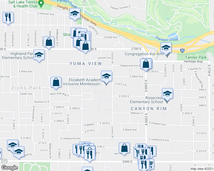 map of restaurants, bars, coffee shops, grocery stores, and more near 2870 Connor Street in Salt Lake City