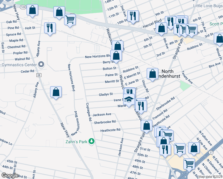 map of restaurants, bars, coffee shops, grocery stores, and more near 30 June Street in Lindenhurst