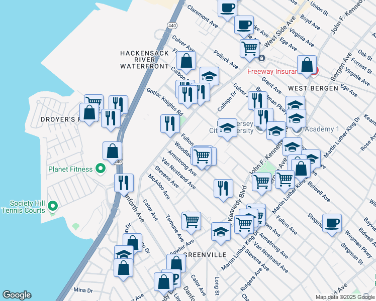 map of restaurants, bars, coffee shops, grocery stores, and more near 378 Woodlawn Avenue in Jersey City