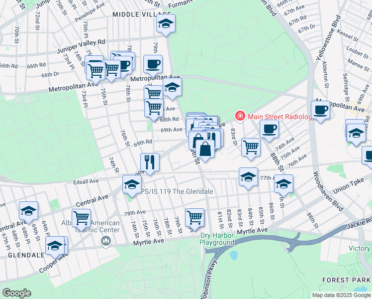 map of restaurants, bars, coffee shops, grocery stores, and more near 6 Valentine Place in Queens