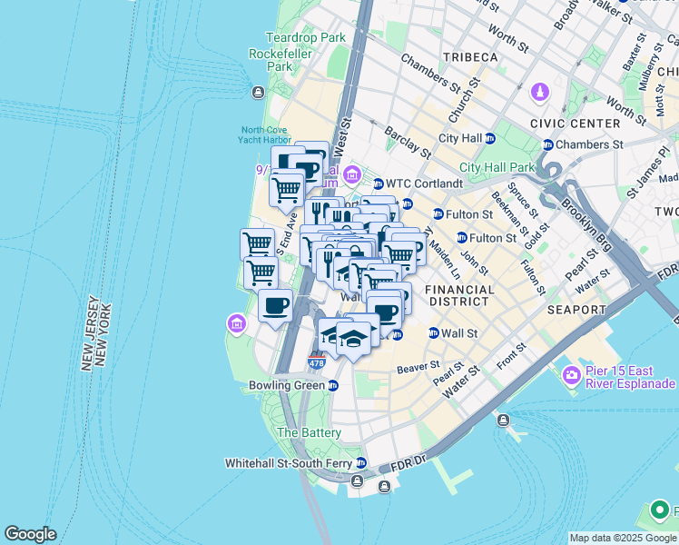 map of restaurants, bars, coffee shops, grocery stores, and more near 13-21 Rector Street in New York
