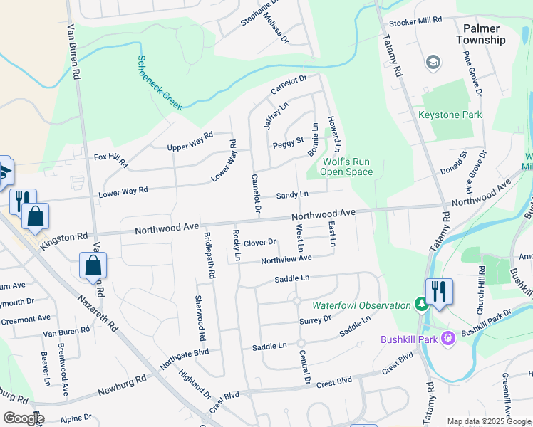 map of restaurants, bars, coffee shops, grocery stores, and more near 2627 Northwood Avenue in Easton