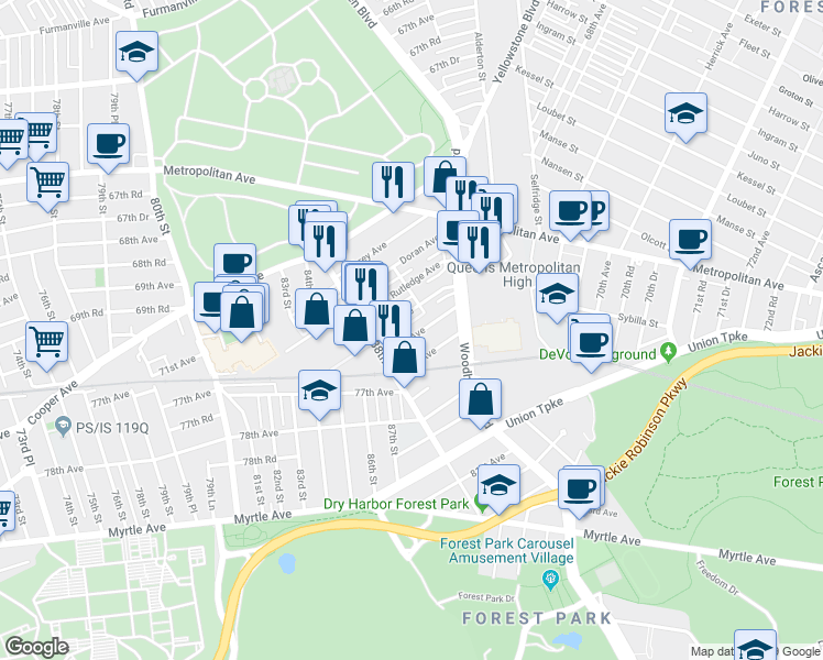 map of restaurants, bars, coffee shops, grocery stores, and more near 88-41 75th Avenue in Queens
