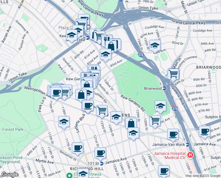 map of restaurants, bars, coffee shops, grocery stores, and more near 33 Austin Street in Queens