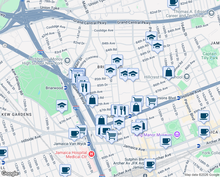 map of restaurants, bars, coffee shops, grocery stores, and more near 85-64 143rd Street in Queens