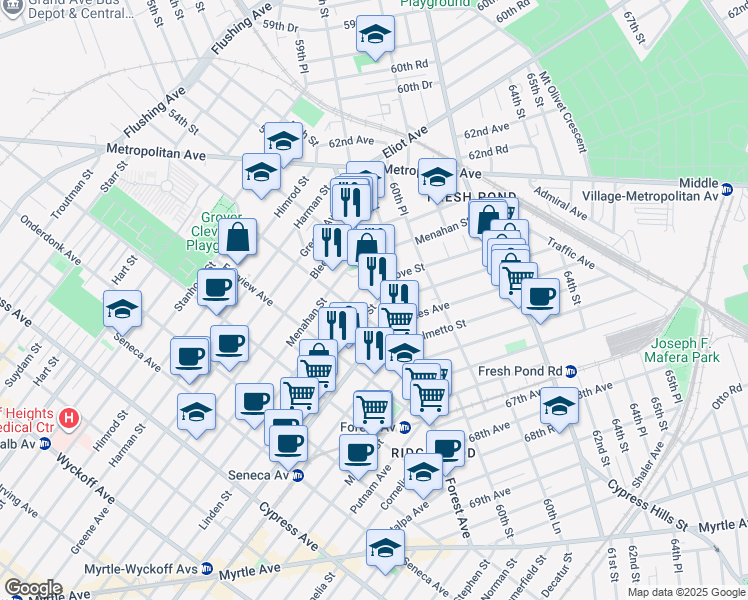 map of restaurants, bars, coffee shops, grocery stores, and more near 21-12 Grove Street in Queens