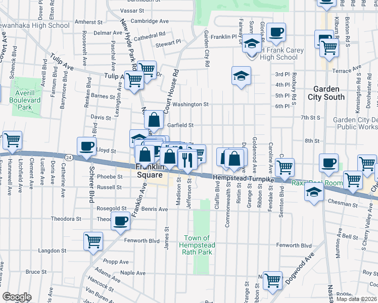 map of restaurants, bars, coffee shops, grocery stores, and more near 49 Monroe Street in Franklin Square