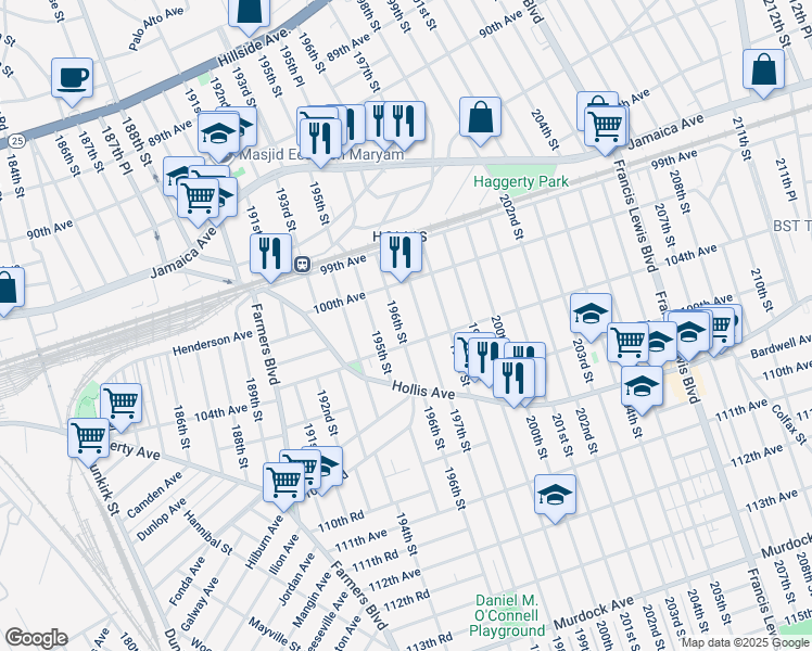 map of restaurants, bars, coffee shops, grocery stores, and more near 100-41 196th Street in Queens