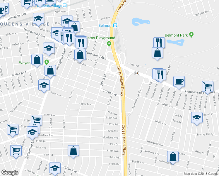 map of restaurants, bars, coffee shops, grocery stores, and more near 225-30 106th Avenue in Queens