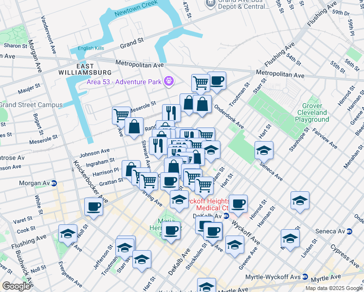 map of restaurants, bars, coffee shops, grocery stores, and more near 259 Ingraham Street in Brooklyn